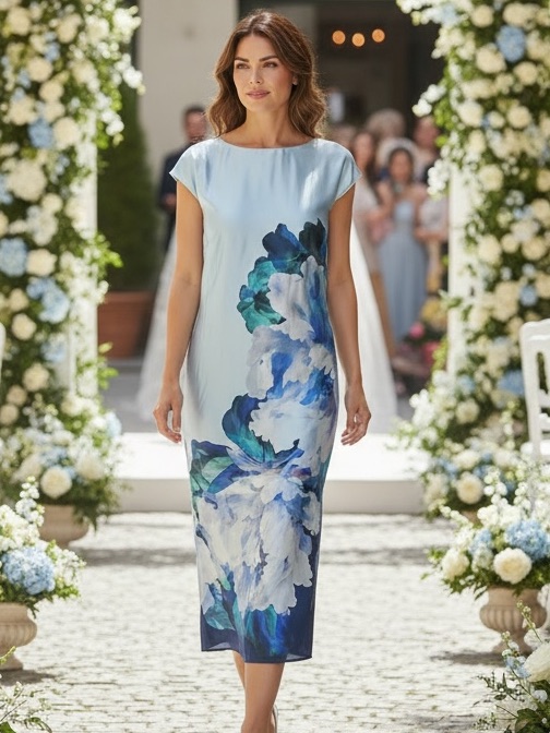 Rachel Zoe Satin Floral Midi Dress Blue Watercolor Cap Sleeve Nwt Large